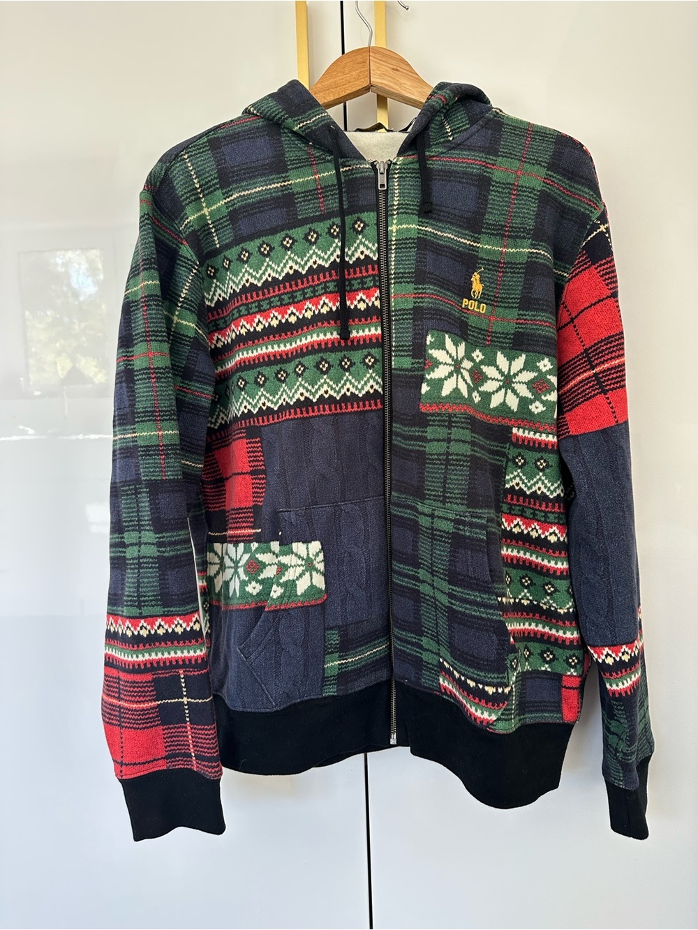 Polo Ralph Lauren patchwork plaid tartan fair isle hoodie sweatshirt Large